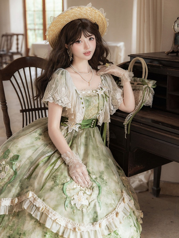Green Lolita Long Dress Set with Flutter Sleeves & Embroidery - Lunar Radiance
