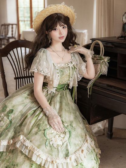 Green Lolita Long Dress Set with Flutter Sleeves & Embroidery - Lunar Radiance