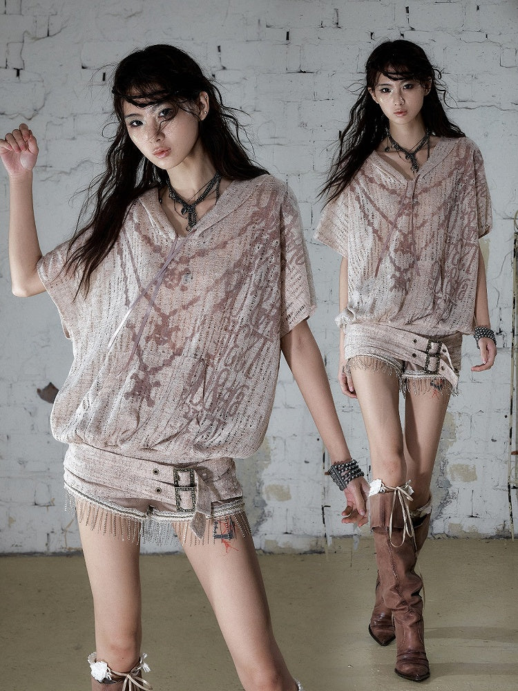 Dusty Pink Distressed Hooded Batwing Knit Top - NO ROMANCE