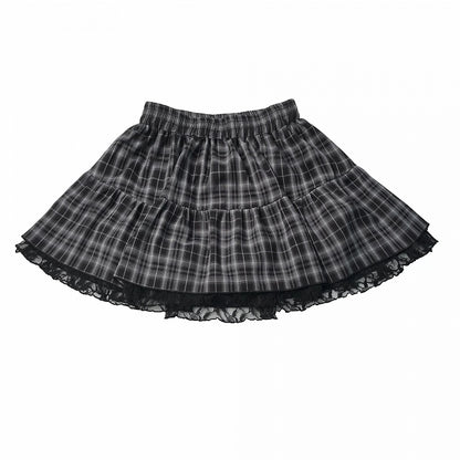 Black & Gray Plaid Mini Skirt with Lace Edging - PINK SAVIOR