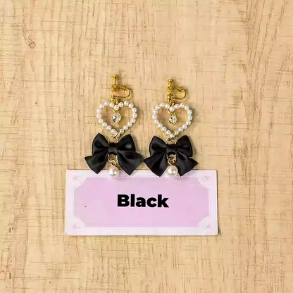 Heart Ear Clips Jirai Kei White/Dusty Beaded Pink/Blue/Black/Pink Bow