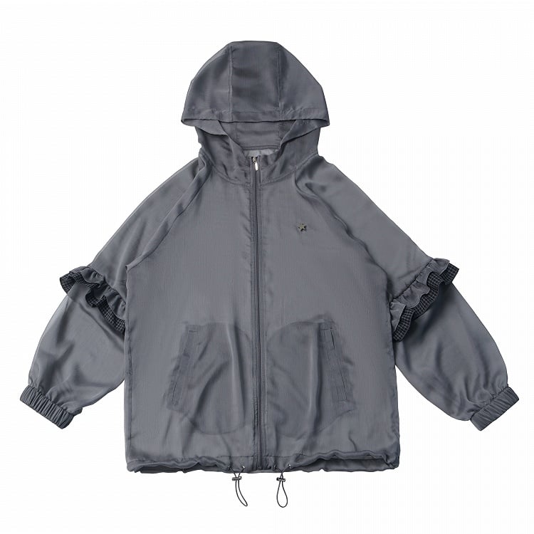 Gray Chiffon Hooded Jacket with Plaid Ruffle Hem - PINK SAVIOR