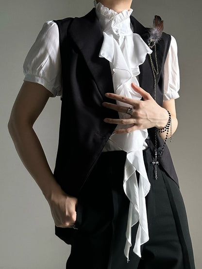 Princely Feather Brooch Notched Black Collar Set Waistcoat Style -
