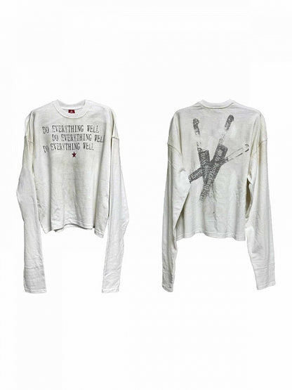 Punk White Distressed Unisex Long-Sleeve Tee with Knife Letter Graphic - DETW OnLine