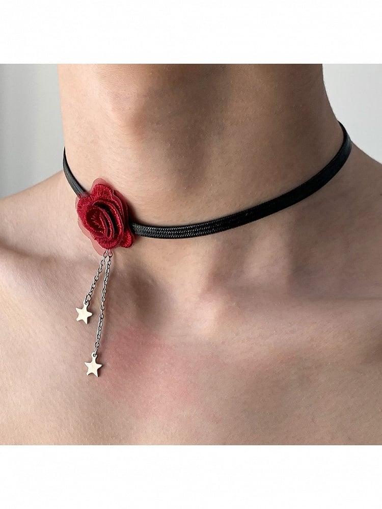 Black Red Choker with Rose and Star Decor - YSHXS