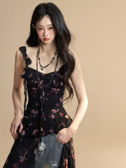 ブラック スウィートハートネックライン ノースリーブ トップス アシンメトリーヘム シフォン フローラル