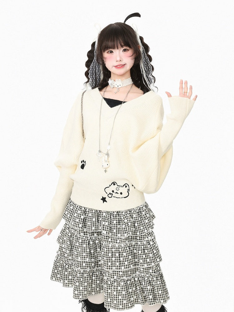 Apricot Two-Piece Look Batwing Sleeve Sweater with Kitten Themed Embroidery - Languid Park