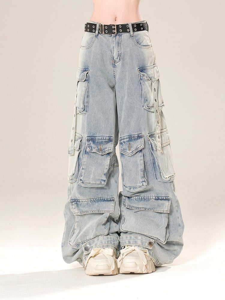 Blau/Schwarze Cargo-Jeans mit weitem Bein und niedriger Taille