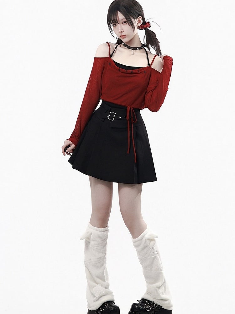 Off-Shoulder Black Red Long Sleeve Top - PINK SAVIOR