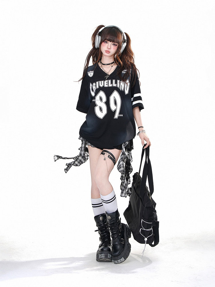 Black V-neck Number Print Loose T-shirt