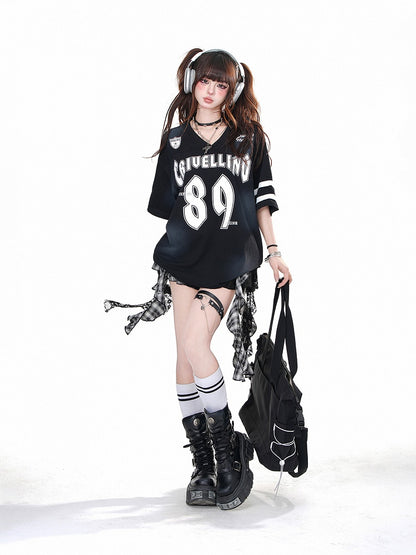 Black V-neck Number Print Loose T-shirt