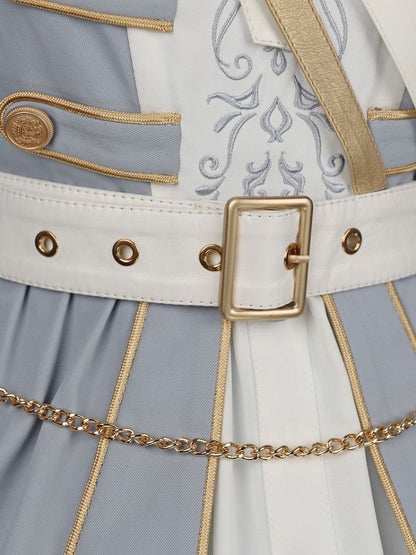 Military with Hem Buttons Blue and Ruffled Dress White Lolita Gold-tone