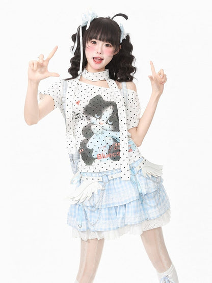 Polka Dot Kitten Print Tee with Scarf - Languid Park