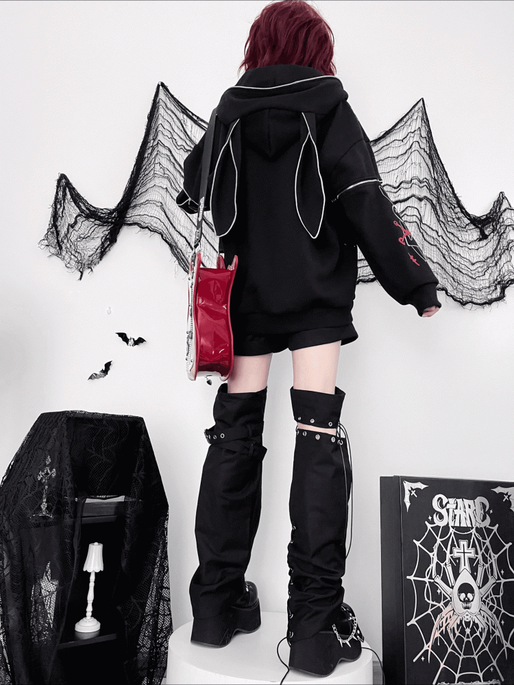 Zip-Up Sleeves with Y2K Graphic Black Hoodie Bunny Ears Print Zipper