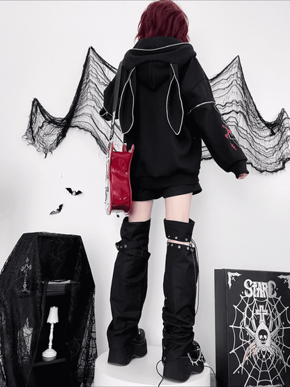 Zip-Up Sleeves with Y2K Graphic Black Hoodie Bunny Ears Print Zipper
