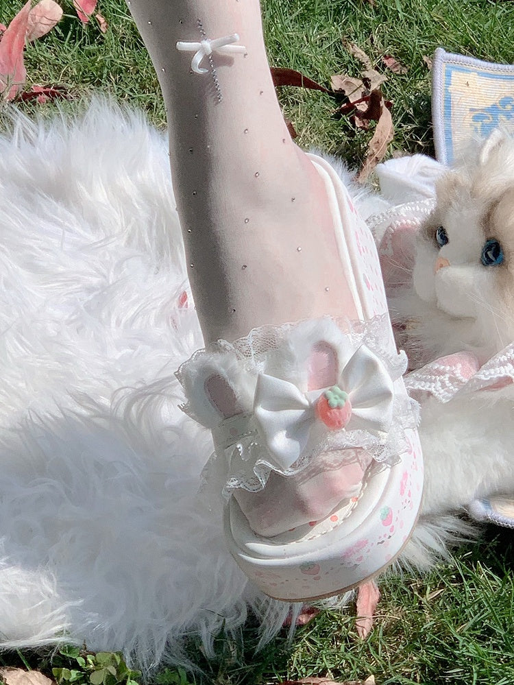 Lolita Lace White Accents Plush Sweet Bow Ear Platform Bunny Slippers Trim