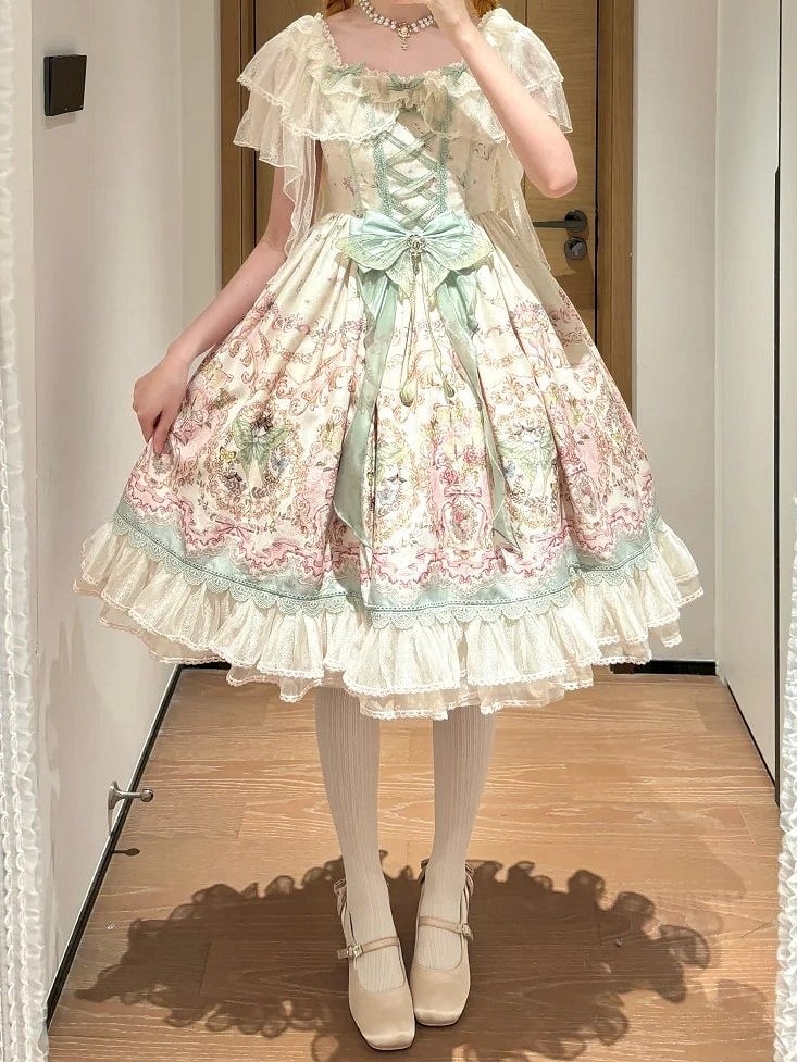 Floral Square Dress Lolita Elegant Moth Green and with Details Neckline Lace Pink Print