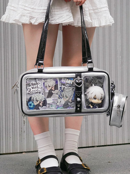 with Ita Checkerboard Luminous PU Heart Accents Buckle Silver Bag Pattern