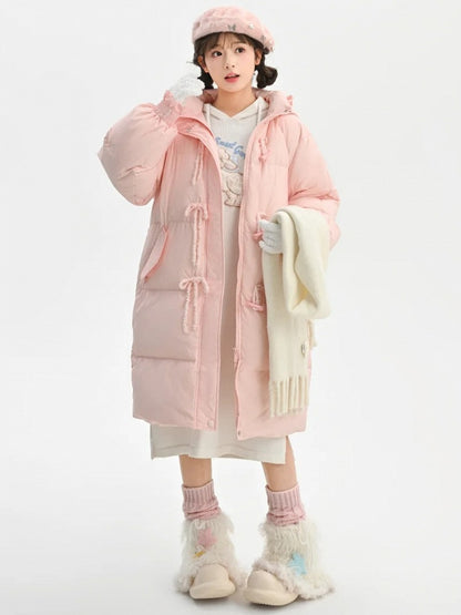 Rosa Daunenmantel mit Kapuze, Schleife und Horn-Knopf