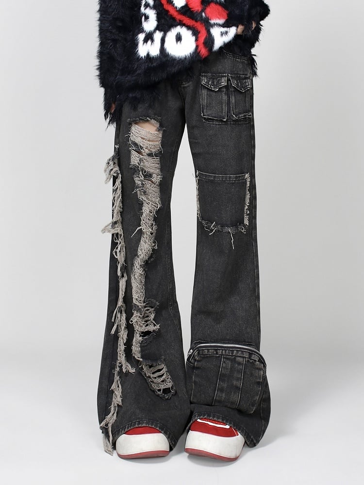 Black Faded Wash Distressed Multi-Pockets Jeans with Raw Hem