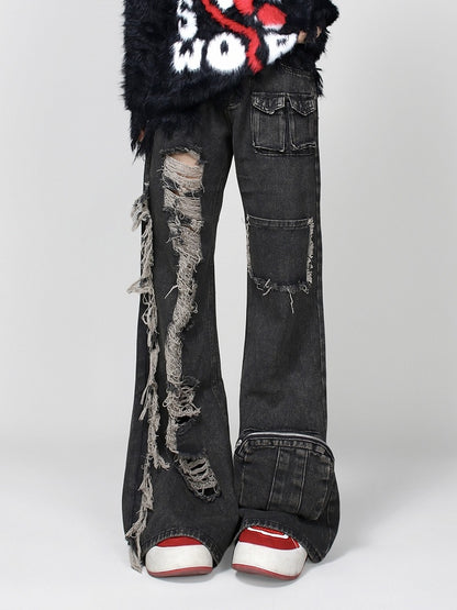with Raw Black Jeans Distressed Faded Multi-Pockets Wash Hem