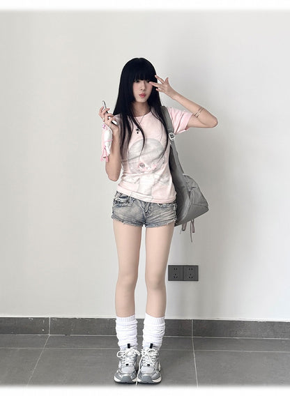 ネックBJDドールプリントスリムフィットTシャツピンクラウンド