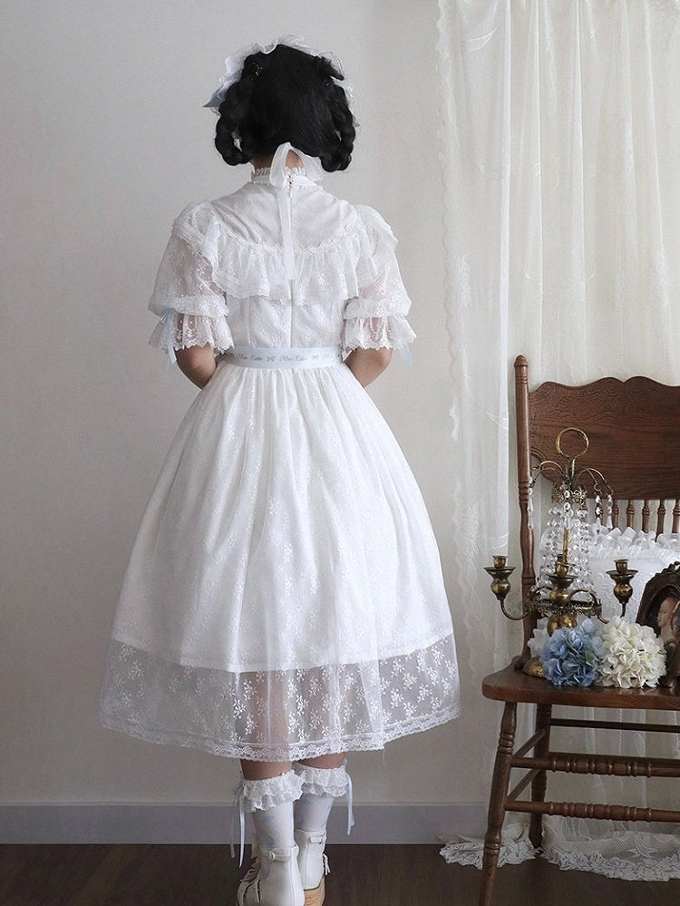 Blue and White Lolita OP Gown with Edward Collar, Sheer Lace and Ribbon Trims - Miss Cube Dressworks