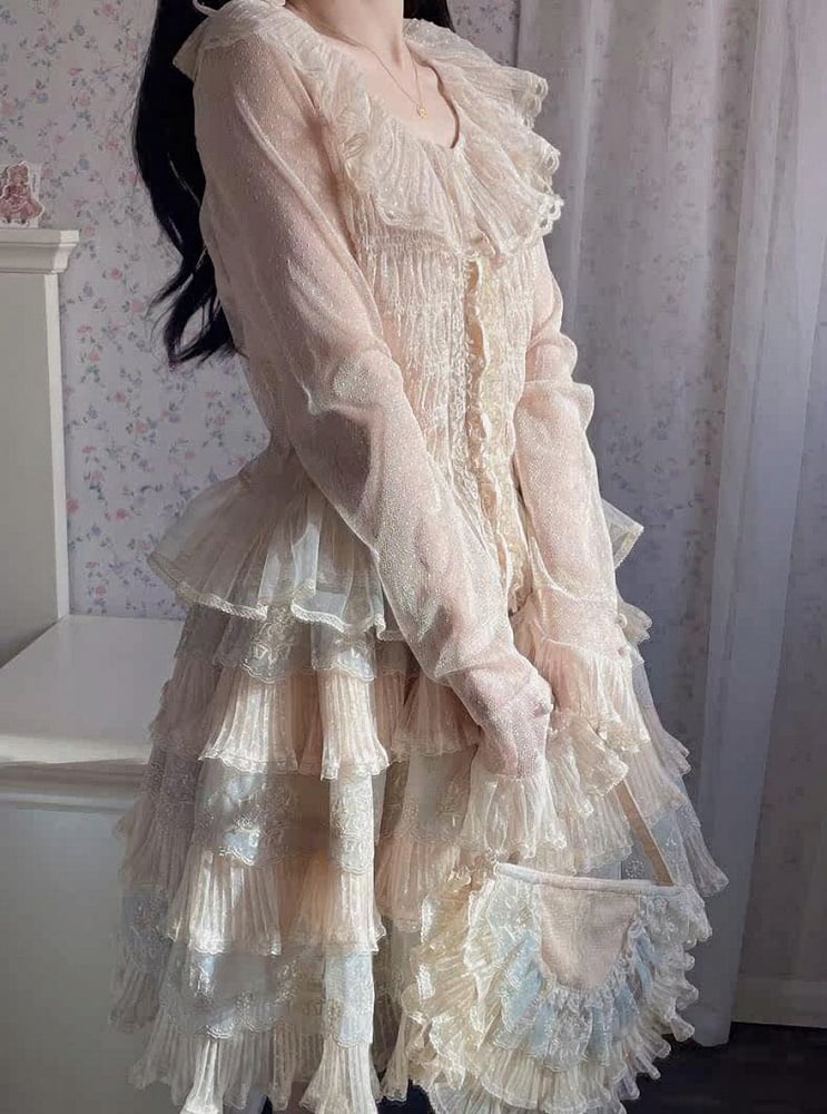 Beige Elegant Lolita Sleeves Blouse with Hem Ruffled Long