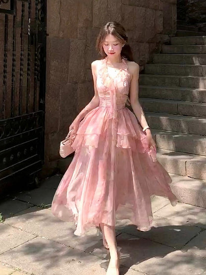 Pink Oil Painting Print Ruffle Trim Summer Holiday Dress - Qchiwawameme