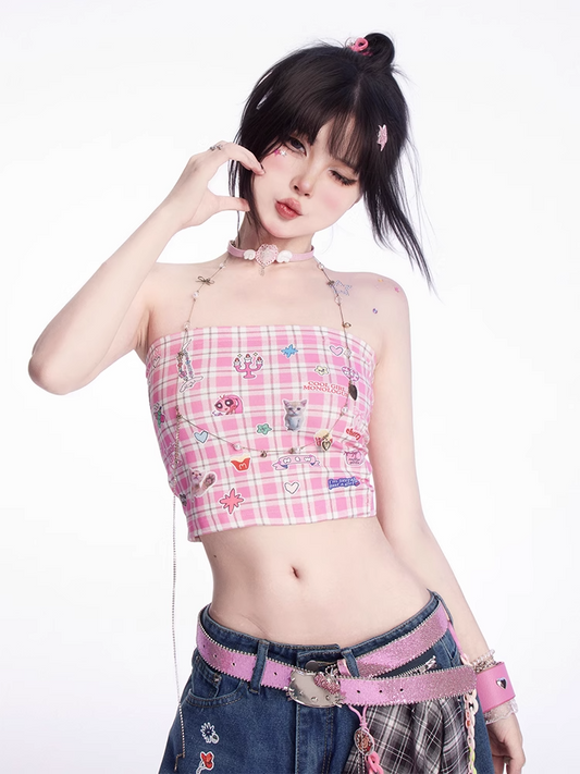 ストラップレストッププリントのかわいい子猫のステッカー付きピンクチェック柄クロップド丈