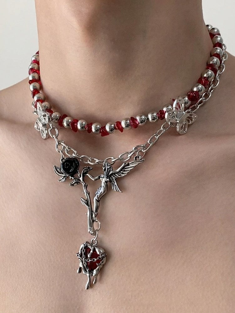 Layered Necklace with Rose and Red Heart Pendant - YSHXS