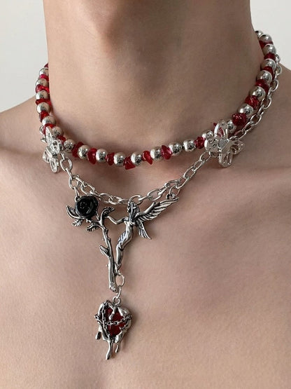 Layered Necklace with Rose and Red Heart Pendant - YSHXS