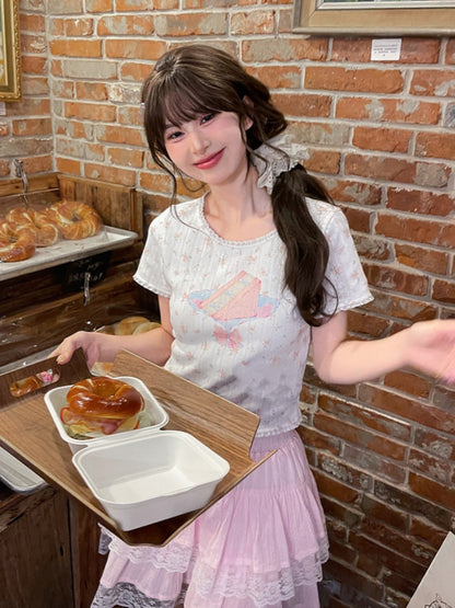 レース ホワイト ケーキプリント トリム スイート フローラル Tシャツ