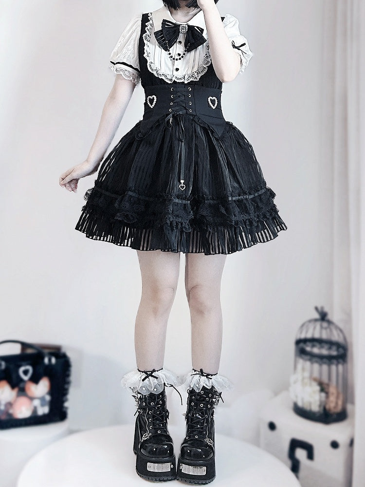 ベルトコルセットストライプスカートウエストパフィードレスレイヤードブラックジライケイホワイトとレースアップ3つのハイ