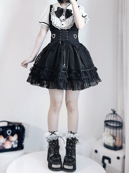 ベルトコルセットストライプスカートウエストパフィードレスレイヤードブラックジライケイホワイトとレースアップ3つのハイ