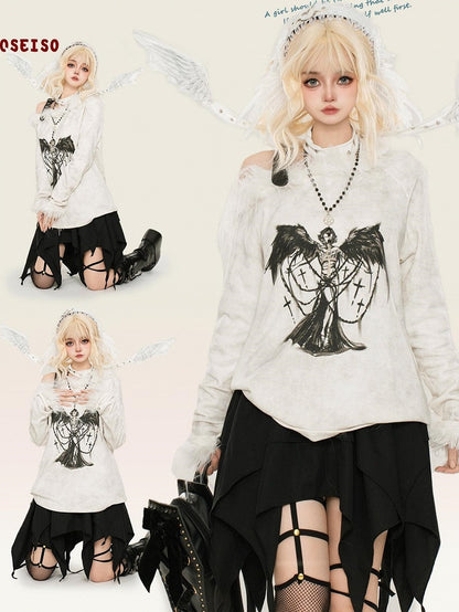 Punk Milk White Angel Asymmetrischer Ausschnitt Langarm Top Plüschbesatz