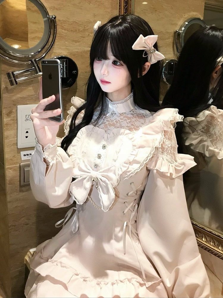 Pink Ryousangata Lace Patch Long Sleeve Dress Shorts Bow Set - Jiuniang Cherry
