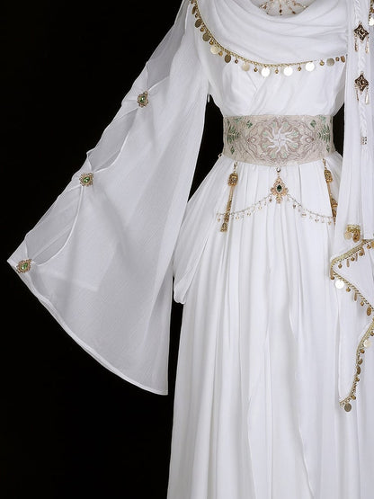 Greek-inspired White Lolita Gold Chiffon Corset Dress + Belt with Accents Embroidered