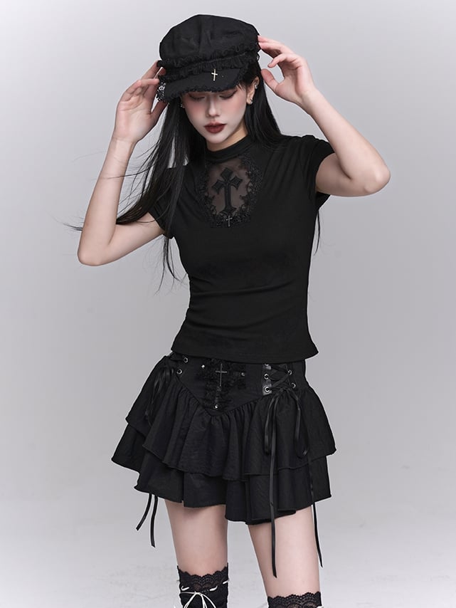 Black Coffin-shaped Cutout Cross Applique T-Shirt