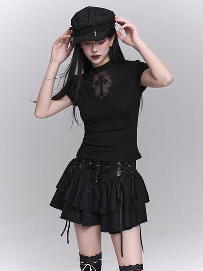 Black Coffin-shaped Cutout Cross Applique T-Shirt