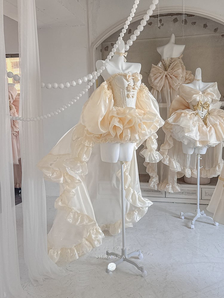 Set Balletcore + Full Top Train Big Bow Sleeves Skirt Corset Gold Lace-up