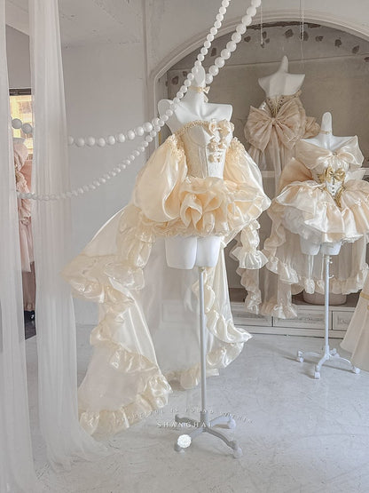 Set Balletcore + Full Top Train Big Bow Sleeves Skirt Corset Gold Lace-up