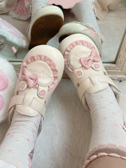 Trim Fleece Beige Flats Heart Ear Lined Lolita with Ruffle Sweet Applique Bunny Winter