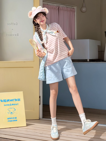 Blue High Waist Wide-leg Casual Shorts