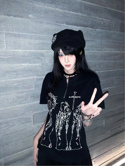 Alt Religious Fashion Black Figure with Print T-Shirt Cross