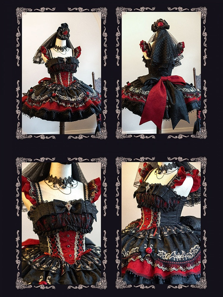 Gothic Lolita JSK Dress with Bat Pattern and Floral Embroidery in Black and Red - Dream Magic Box