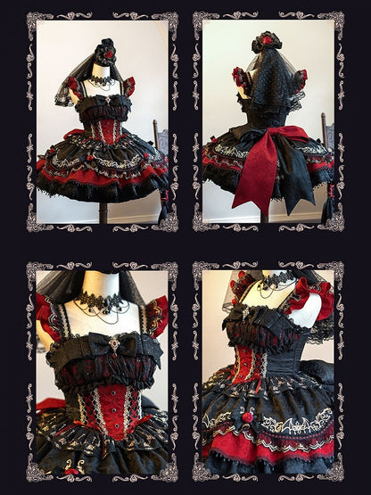 Gothic Lolita JSK Dress with Bat Pattern and Floral Embroidery in Black and Red - Dream Magic Box