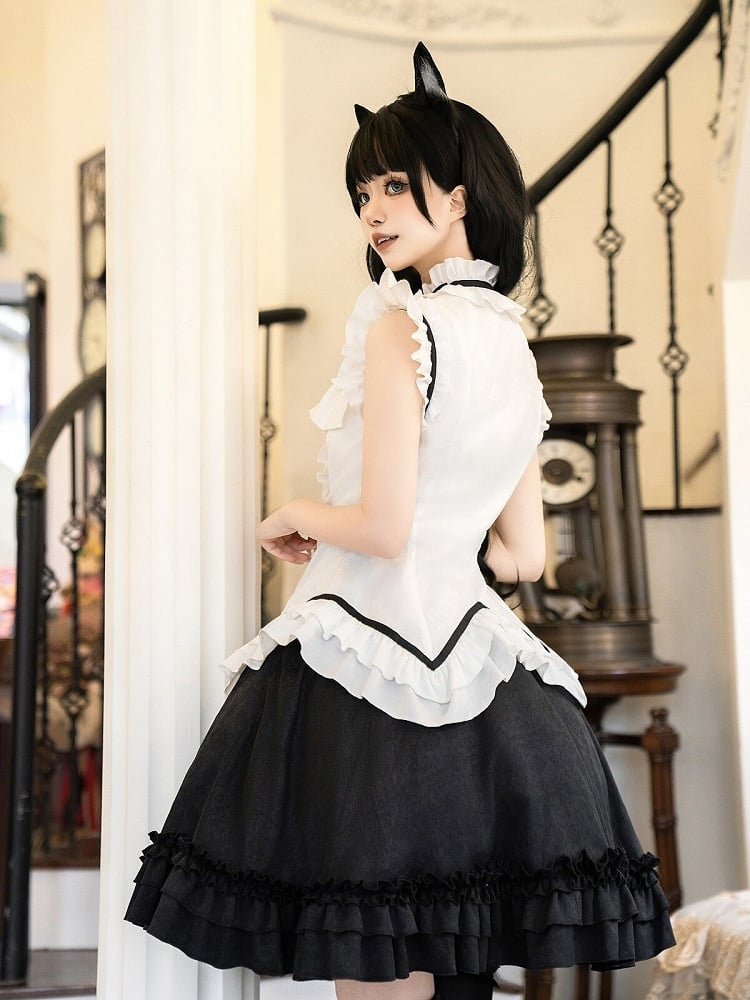 Vintage Elegant Sleeveless Lolita Top & Bow Pearl Accent Skirt Outfit in Black & White - Xiong Dou Jiang