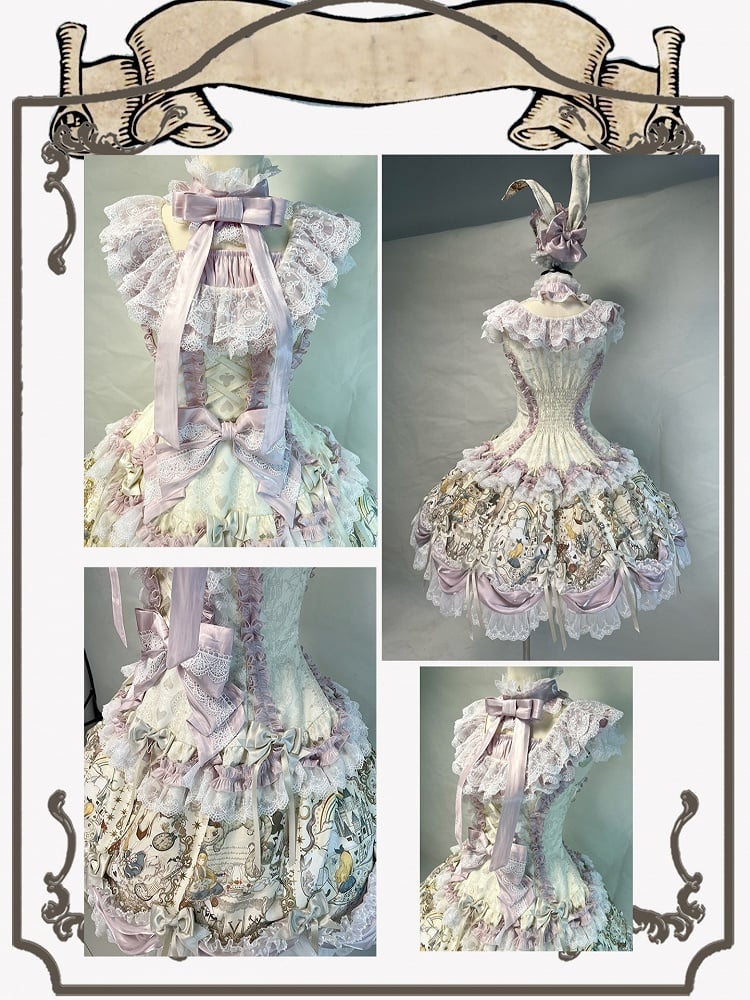 Beige Lolita Dress with Playing-Card Motif & Elegant Details - Rosede Cheese