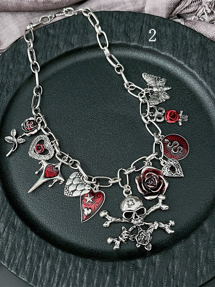 Optionen Blumen und 3 Skelett Y2K Halskette Herz Anhänger